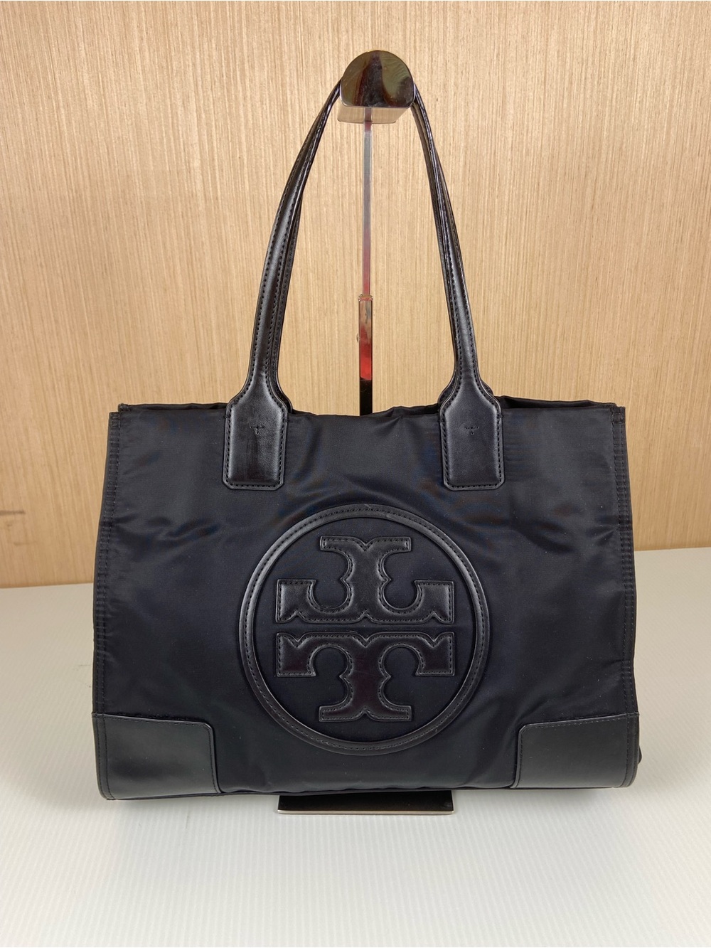 Tory Burch Medium Ella Tote Black Nylon Leather Trim Logo Shoulder Bag